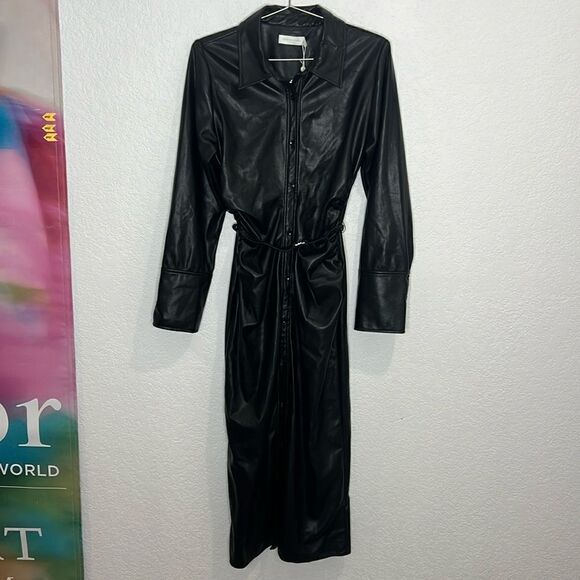 NWT Jonathan SIMKHAI Standard Hearst Faux Leather Midi Shirt Dress Black Size 8 - Picture 2 of 16